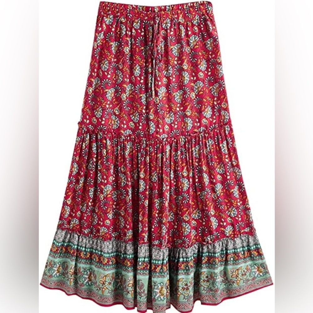 Bohemian Floral Midi Skirt with Tiered Detail